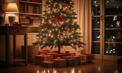 Cozy Christmas tree with gifts