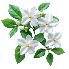 Fototapeta premium White jasmine flowers with green leaves, isolated on transparent background