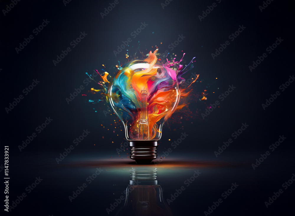 Aufkleber a vibrant lightbulb explodes with multicolored paint splashes, symbolizing creativity and innovative