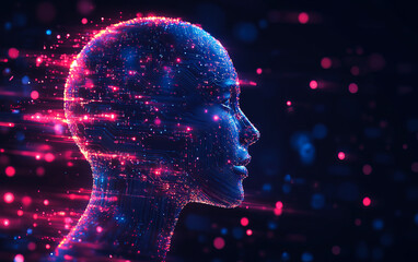 Obraz premium A woman's face is shown in a computer generated image with a lot of bright colors. The image is abstract and has a futuristic feel to it