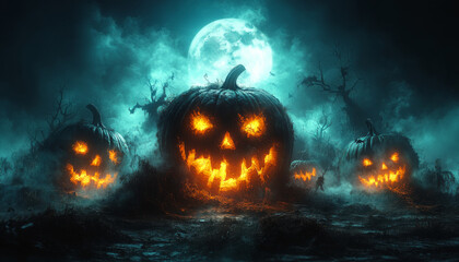 Naklejka premium Three pumpkins with glowing eyes are in a dark, misty forest. The moon is shining brightly in the sky