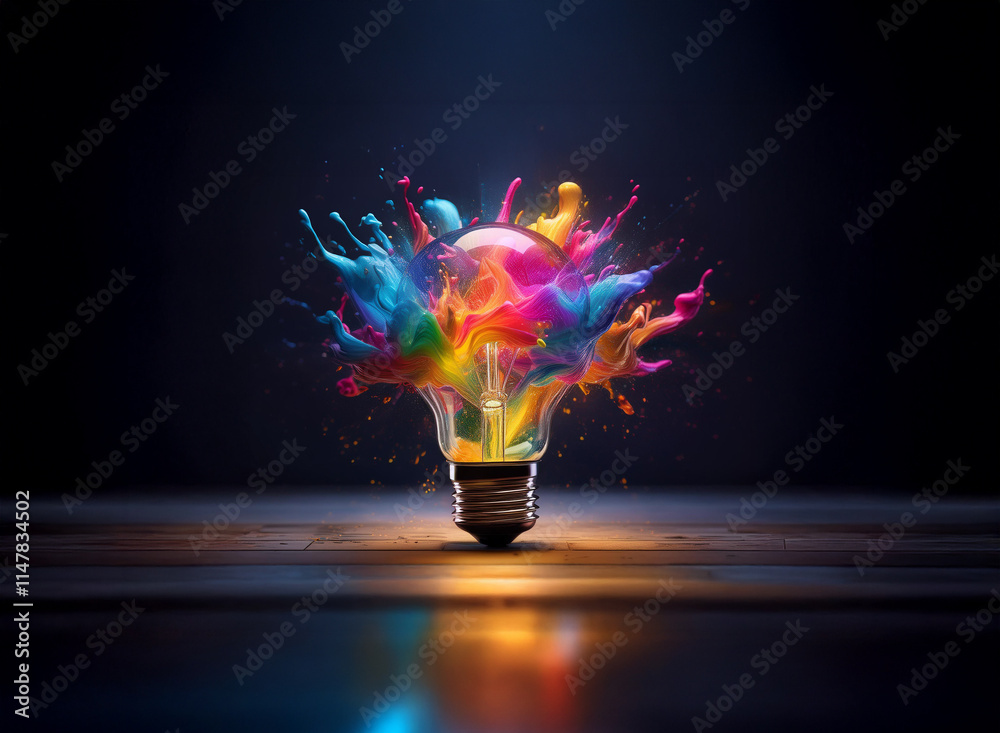Poster a lightbulb explodes with vibrant, multicolored paint splashes, symbolizing creativity and innovativ