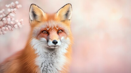 Fototapeta premium A captivating portrait of a fox with vibrant orange fur, piercing eyes, and a curious expression, set against a soft, blush pink background, creating a striking contrast and a whimsical atmosphere.