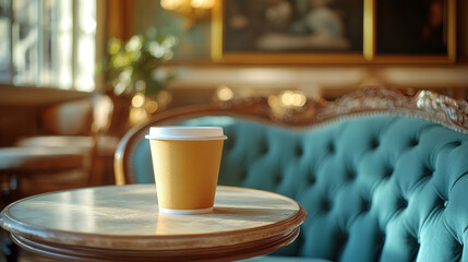 A takeaway coffee cup sits on a marble-top table in a stylish cafe, bathed in warm sunlight.  The teal velvet sofa adds a touch of elegance to the scene.