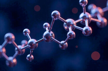 Luminous, chrome-plated molecules, with bonds between them, on a dark background, wave-like or zig-zag.