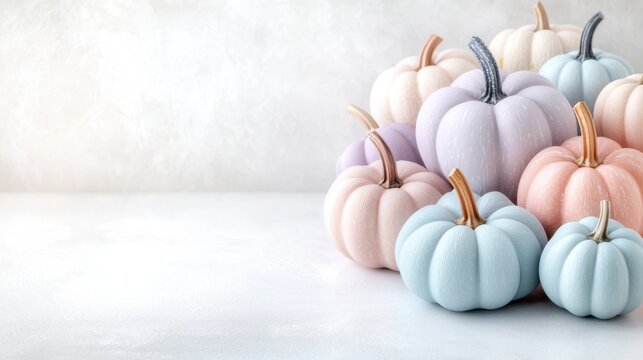The invitation template features a diverse mix of pastel blue, pink, and purple pumpkins artfully arranged in a side view composition