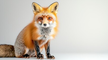 Fototapeta premium The graceful red fox, with its fiery fur coat, sits alert and calm, its piercing eyes fixated on the camera lens against a clean white studio backdrop.