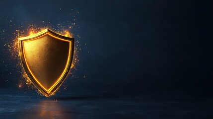 Investment security and hedging. Golden shield with a glowing effect against a dark background, symbolizing protection and security.