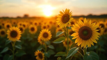 Fototapeta premium A vast field of sunflowers, their vibrant yellow petals glowing in the warm embrace of the golden hour