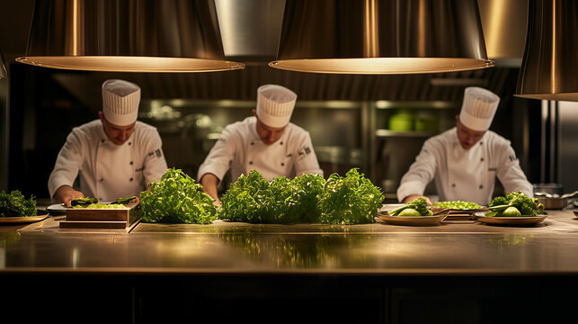 Professional Chefs Preparing Fresh Green Ingredients in a Gourmet Kitchen