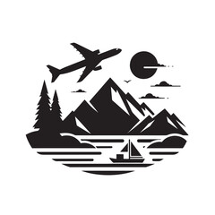 Airplane, mountains, lake, sailboat.