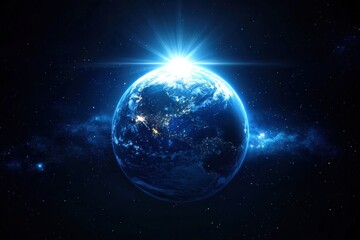 Fototapeta premium Majestic Blue Planet Illuminated by Sun Rays in Cosmic Space with Starlit Background and Radiant Glow