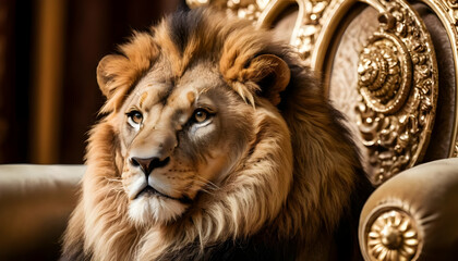 Fototapeta premium Majestic Lion on Ornate Golden Throne A regal portrait of a magnificent lion seated upon an elaborately carved golden chair, showcasing its power and majesty.