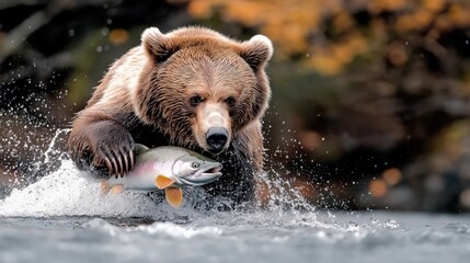 Obraz premium A strong brown bear catching a silver-pink salmon in mid-action, with water splashing dramatically around, set in a vibrant autumn forest background