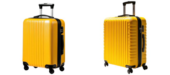 Set of yellow hard shell suitcases with wheels, isolated on transparent background, PNG