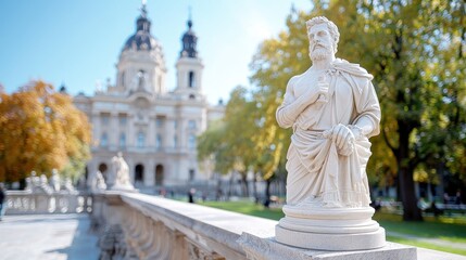 Obraz premium White stone statue of a bearded man stands on a balustrade with St. Stephen's Basilica in Budapest blurred in the background during autumn.