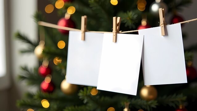 Fototapeta The photos hang on a string in front of the Christmas tree. Blank Space for photos and inscriptions