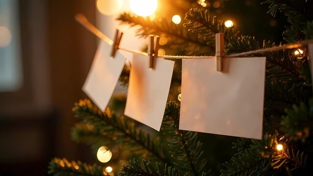 Fototapeta The photos hang on a string in front of the Christmas tree. Blank Space for photos and inscriptions