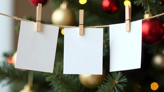 Fototapeta The photos hang on a string in front of the Christmas tree. Blank Space for photos and inscriptions