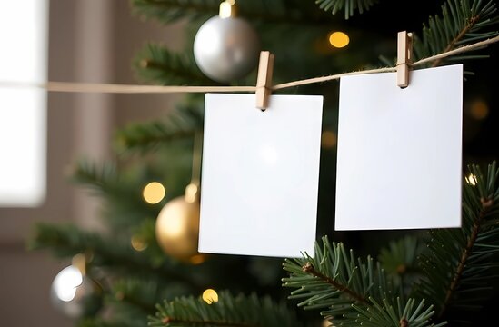 Fototapeta The photos hang on a string in front of the Christmas tree. Blank Space for photos and inscriptions