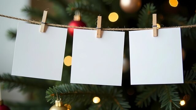Fototapeta The photos hang on a string in front of the Christmas tree. Blank Space for photos and inscriptions