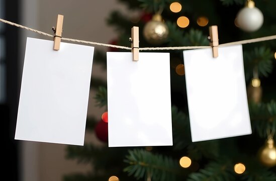 Fototapeta The photos hang on a string in front of the Christmas tree. Blank Space for photos and inscriptions