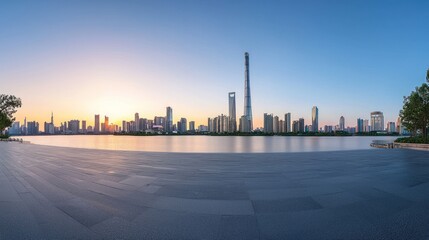Shanghai Skyline at Dawn: Urban Panorama with Tranquil Lake