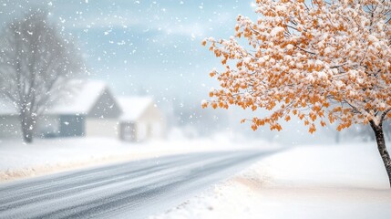 The street was blanketed in a thick layer of snow, with delicate flakes continuing to fall gently from the sky, creating a peaceful and picturesque scene.