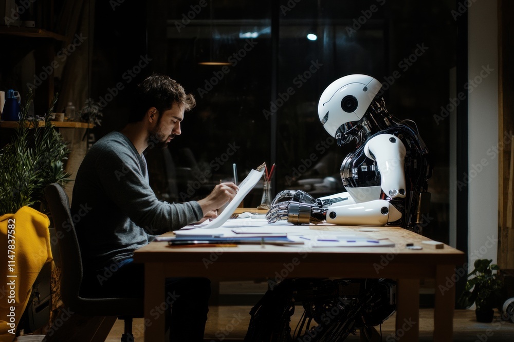 Leinwandbilder collaboration between human and robot on project at a modern workspace during evening hours. generat