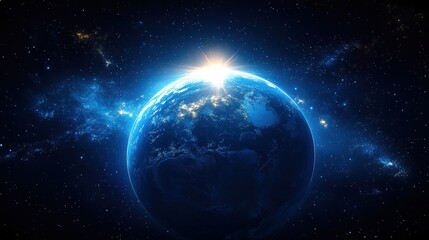 Fototapeta premium Stunning Blue Planet with Bright Sun Rising in Background Against Deep Cosmic Space, Capturing Celestial Beauty and Wonder of the Universe