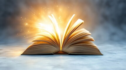 A glowing book radiating soft light, with a serene and ethereal glow that seems to illuminate the words on its aged pages, inviting contemplation and reflection.