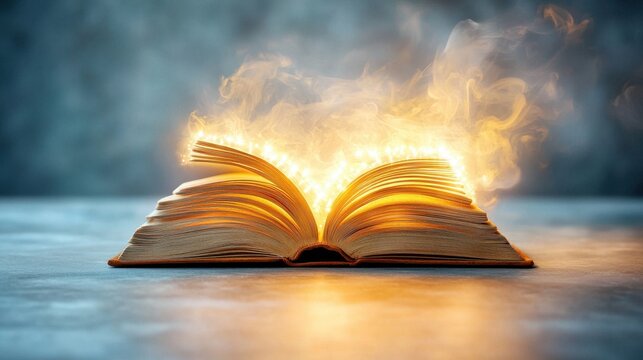 A glowing book radiating soft light, with a serene and ethereal glow that seems to illuminate the words on its aged pages, inviting contemplation and reflection.