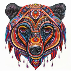 Naklejka premium Bear head with bright tribal decorations illustrated by a female artist.