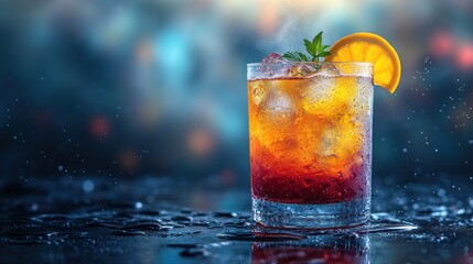 Iced cocktail, orange slice, mint, dark background.