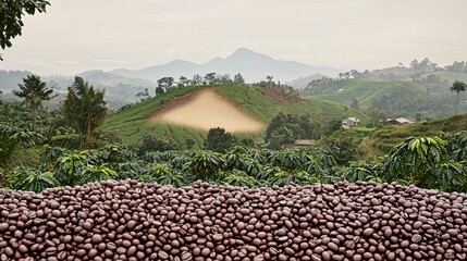fading image of Robusta coffee beans overlaid with visuals of unpredictable rain and high temperatures, emphasizing how climate change is decreasing crop yields. [Robusta]:[Productivity decreased 