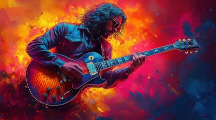 Obraz premium Guitarist playing electric guitar, vibrant colors.