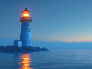 Lighted lighthouse on rocky coast at twilight.