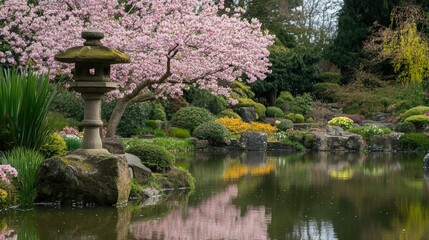 Tranquil Japanese Garden with Cherry Blossoms and Reflection in Pond