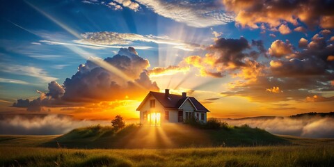 Double Exposure Silhouette Home Photography: Surreal Dream House Sunset Landscape