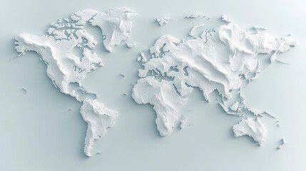 3D textured world map, continents relief, global view.