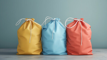 Three colorful drawstring bags against a muted backdrop