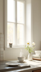 Cozy kitchen scene with steaming cup and flowers on countertop bathed in natural light