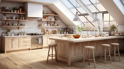 Modern Bright Kitchen Interior with Skylights and Wooden Furniture