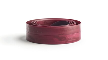 Curled burgundy plastic roll or coil with a smooth minimal and abstract geometric design  Studio shot of a simple clean and contemporary industrial material or product