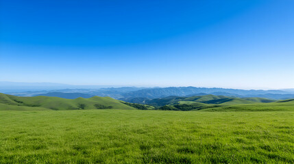 Fototapeta premium Vast green hills under a clear blue sky.