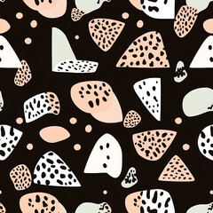 Abstract Geometric Pattern: A contemporary and captivating seamless pattern featuring a vibrant mix of abstract shapes in a playful palette of peach, black, and white.