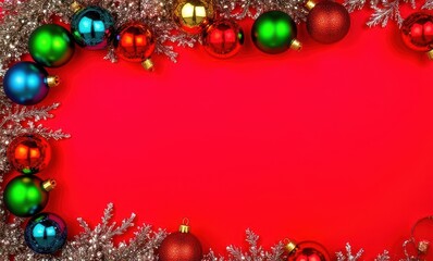 Festive holiday ornaments on red backdrop