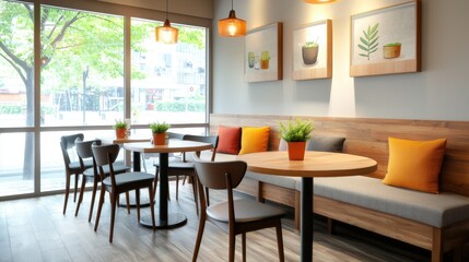 Fototapeta premium 1. The cafe interior features a cozy and inviting atmosphere with warm lighting, comfortable seating, and a rustic color palette of earthy tones and natural textures.