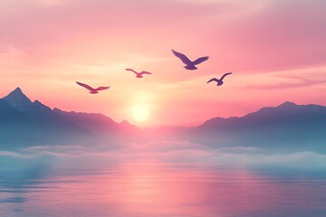 Majestic Sunrise Over Misty Mountains with Birds in Flight