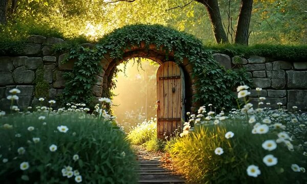 Wooden door partially opened, embellished with thick ivy.